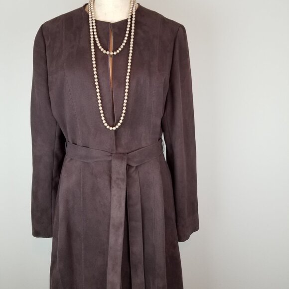 INC Faux Suede Chocolate Brown Long Length Trench Belted L/S Jacket * Size 10 - Picture 2 of 9